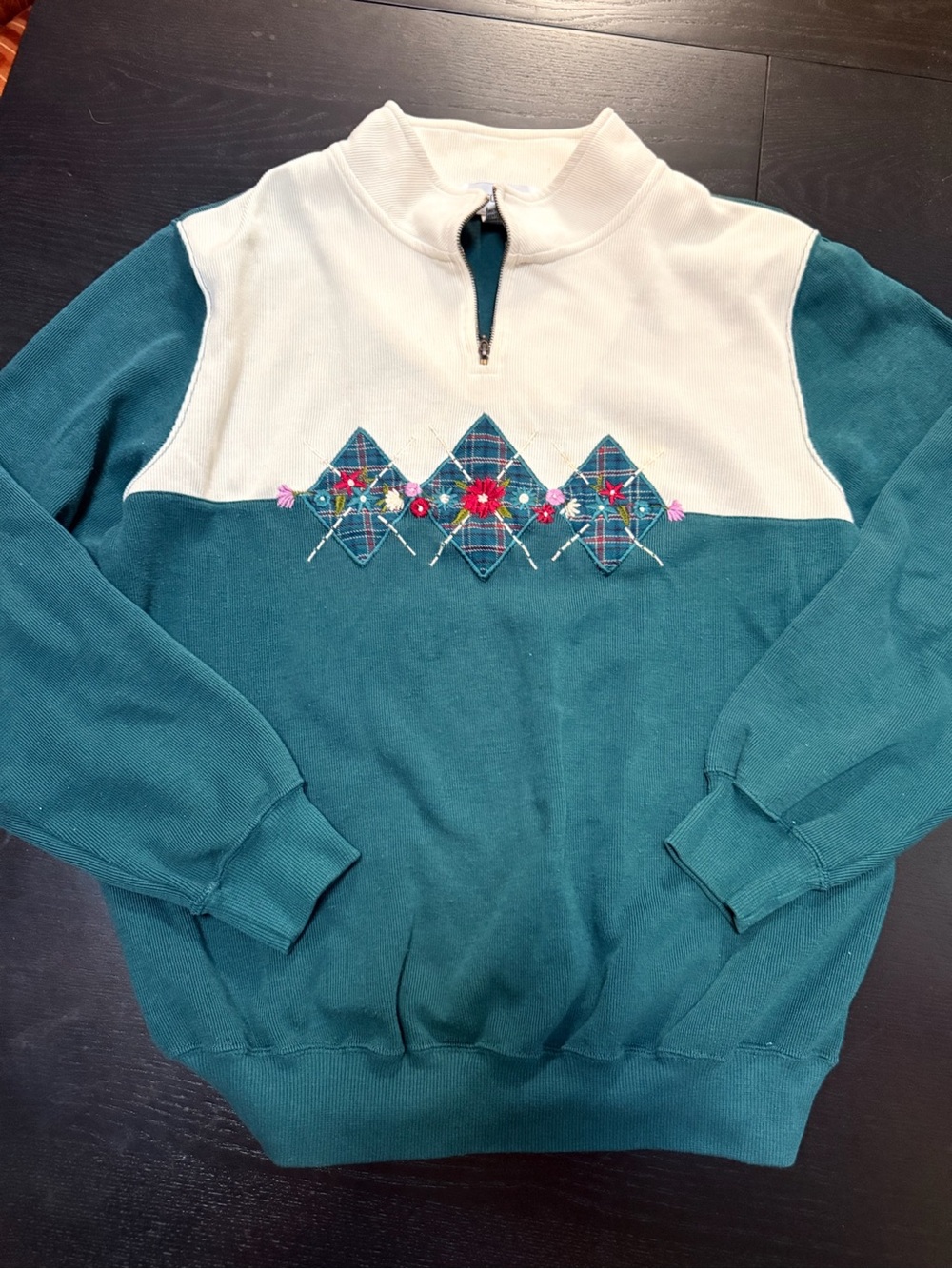 Vintage Alfred Dunner Teal and Cream Half-Zip Sweater Embroidered Plaid Motif